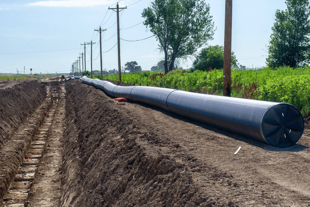 A photo of a welded pipe lays next to the Arkansas Valley Conduit ditch in eastern Pueblo County